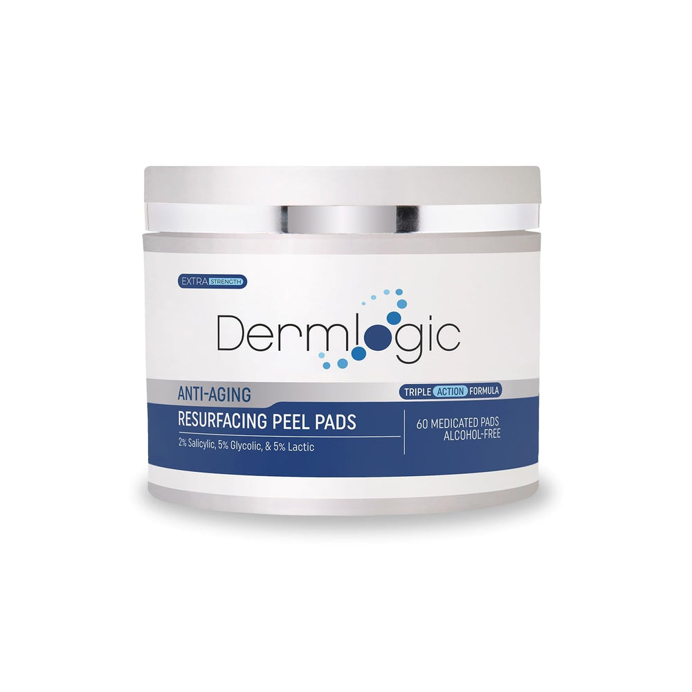 Dermlogic anti-aging resurfacing peel pads provide gentle exfoliation for smoother skin texture.
