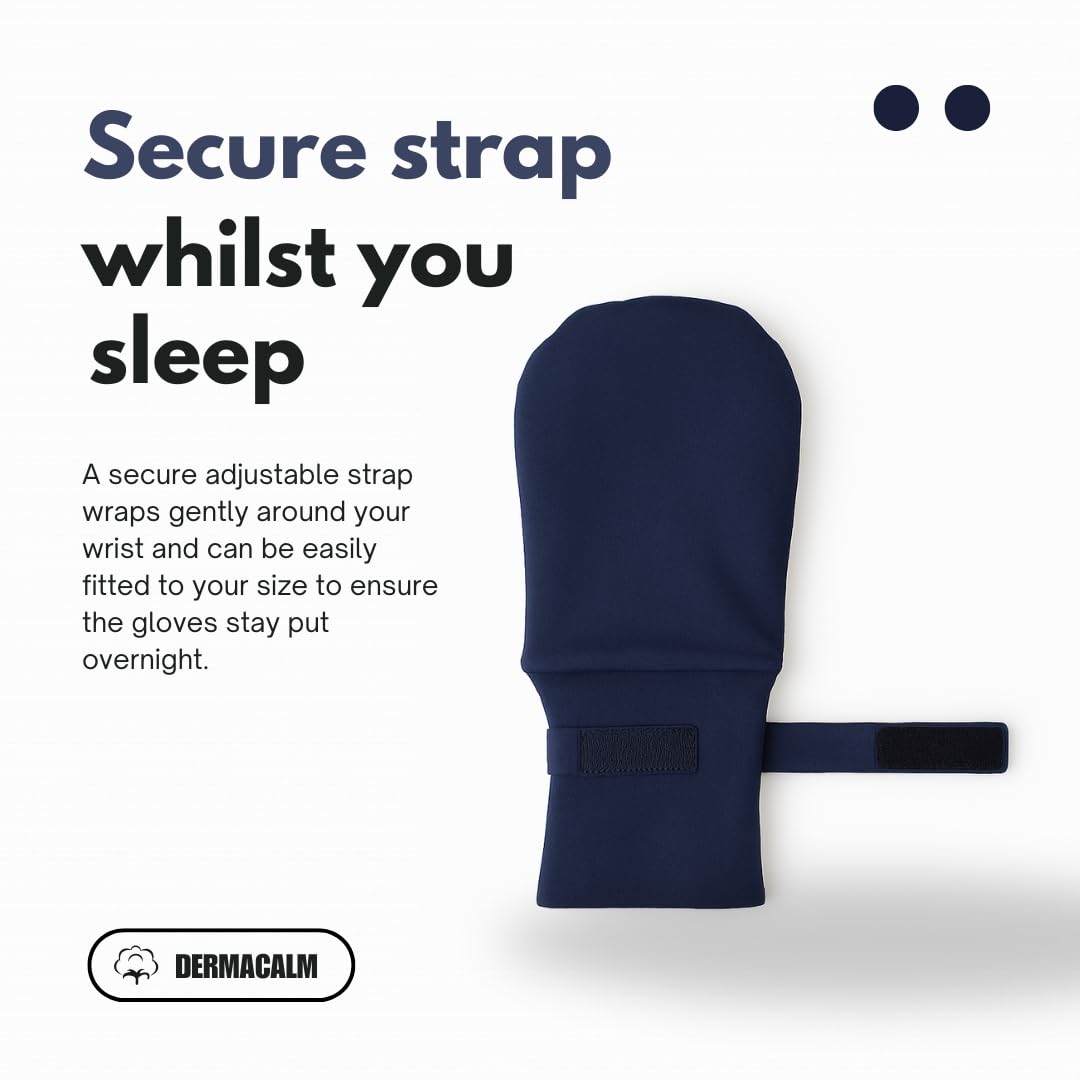 DermaCalm eczema glove with adjustable strap in navy demonstrating secure night wear.