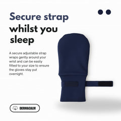 DermaCalm eczema glove with adjustable strap in navy demonstrating secure night wear.