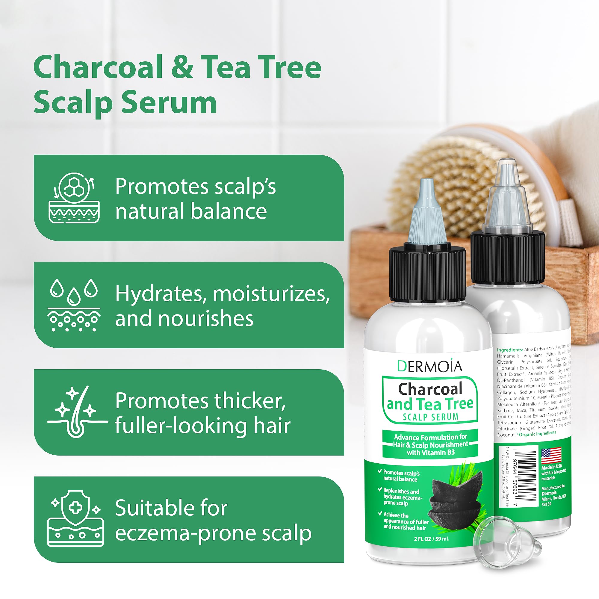 Applying DERMOIA scalp serum on the crown for soothing moisture.