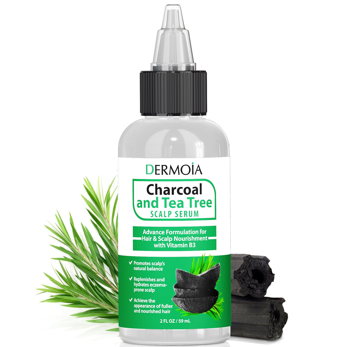 DERMOIA Charcoal Tea Tree Scalp Serum bottle promotes balanced, hydrated scalp.