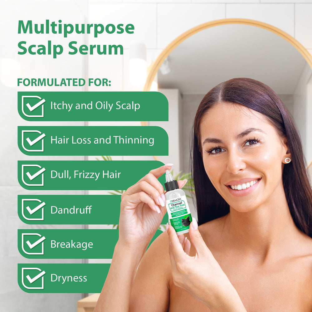 Close-up of DERMOIA serum texture with charcoal and tea tree.