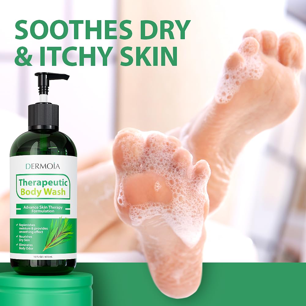 DERMOIA Tea Tree Oil Body Wash on bathroom shelf implies all-day freshness and hygiene.