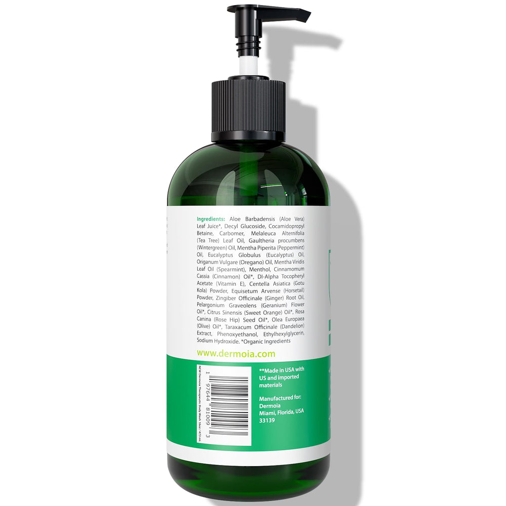 DERMOIA Tea Tree Oil Body Wash pump dispensing for easy, quick cleansing after workouts.
