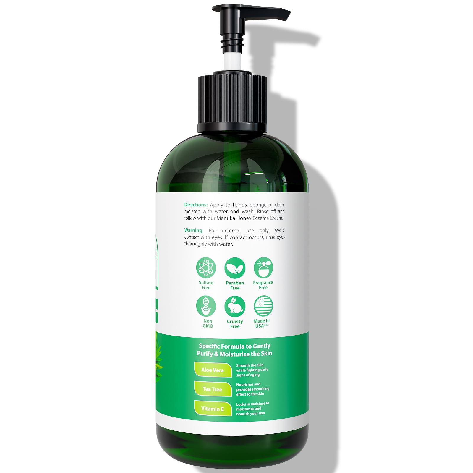 DERMOIA Tea Tree Oil Body Wash texture-foam close-up suggests soothing, cleansing experience.