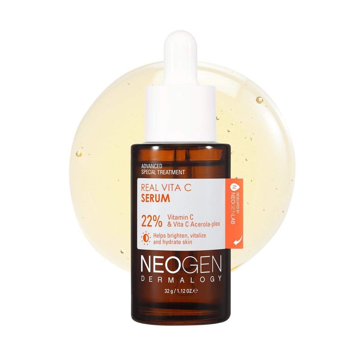DERMALOGY by NEOGEN Real Vita C Serum bottle closeup shows brightening formula.