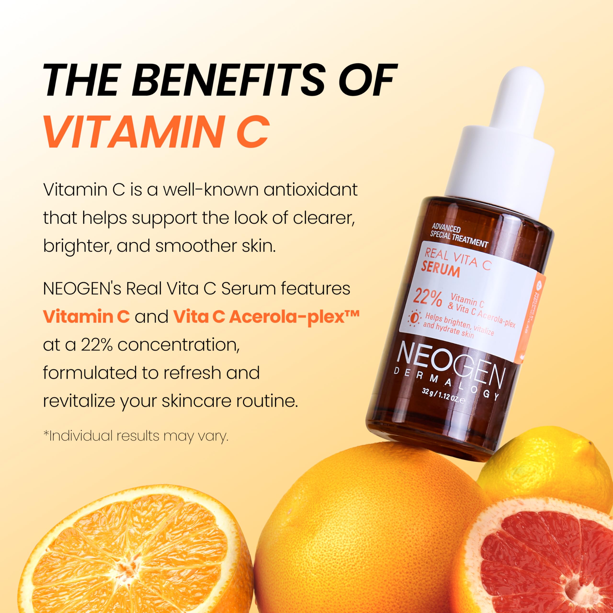 DERMALOGY by NEOGEN Real Vita C Serum vitamin E and panthenol nourish skin.
