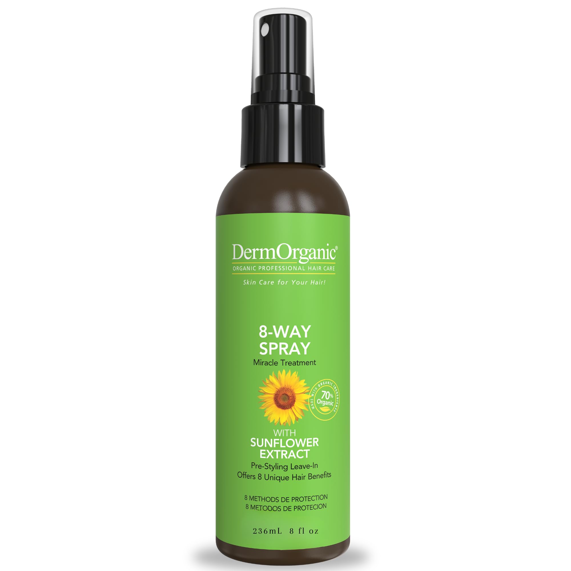 DermOrganic 8-Way Thermal Spray bottle ready for styling, supports color protection