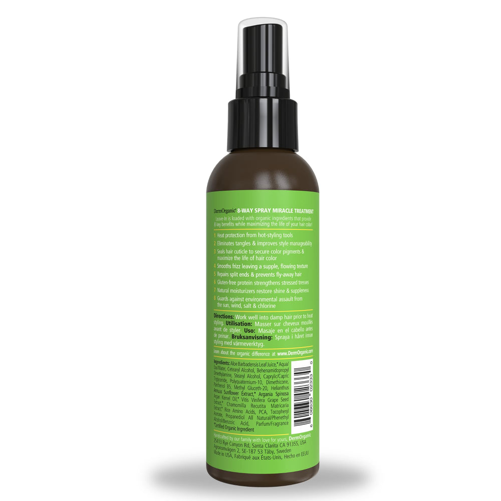DermOrganic 8-Way Thermal Spray mist on hair delivers shine and frizz control