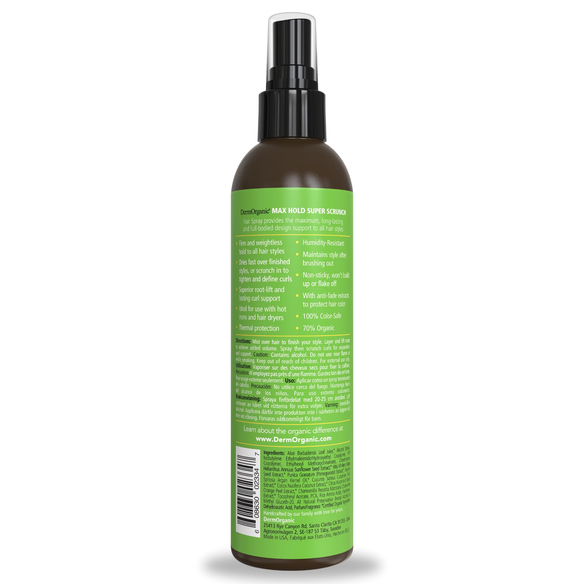 DermOrganic hairspray root lift action shows firm, weightless hold for voluminous curls.