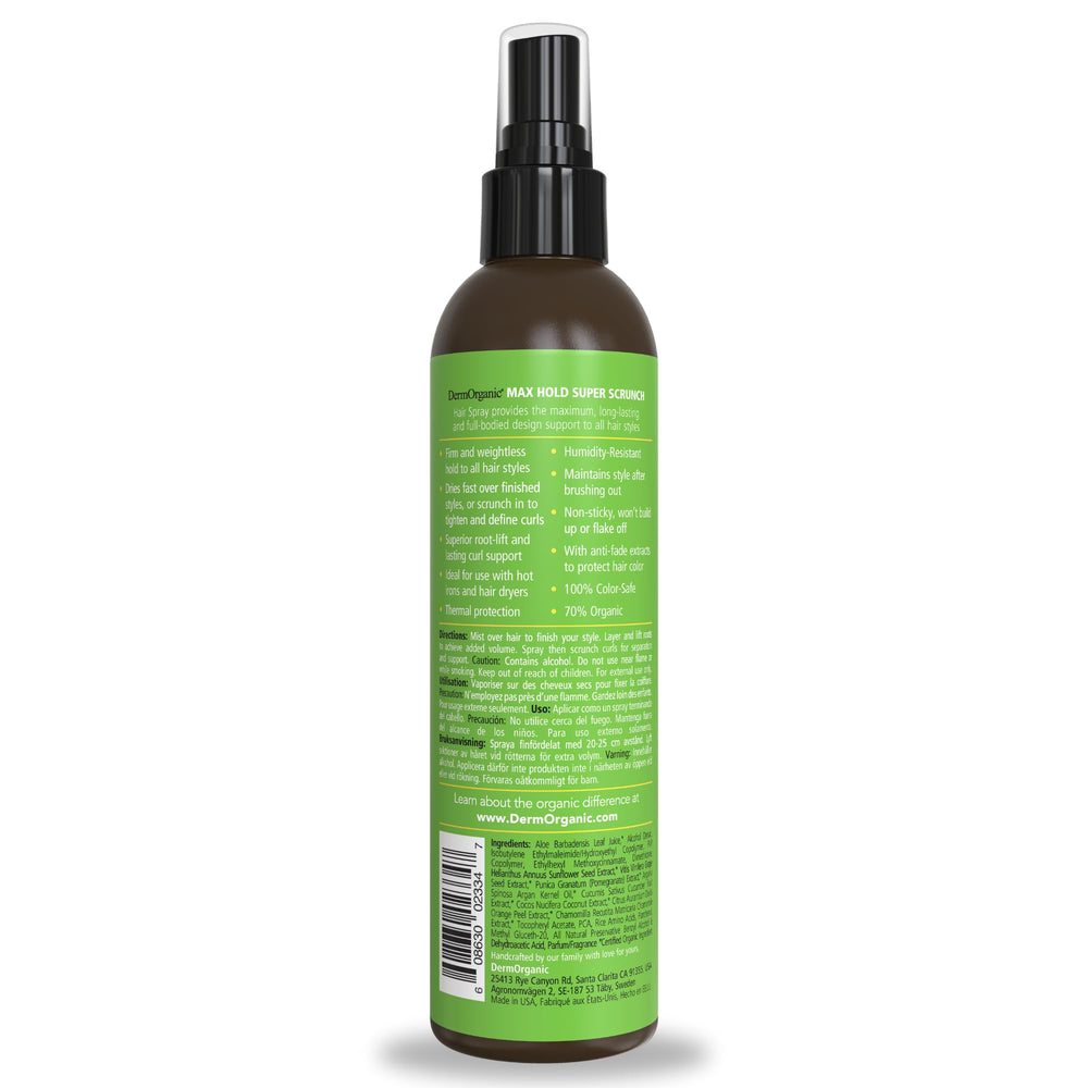 DermOrganic hairspray root lift action shows firm, weightless hold for voluminous curls.