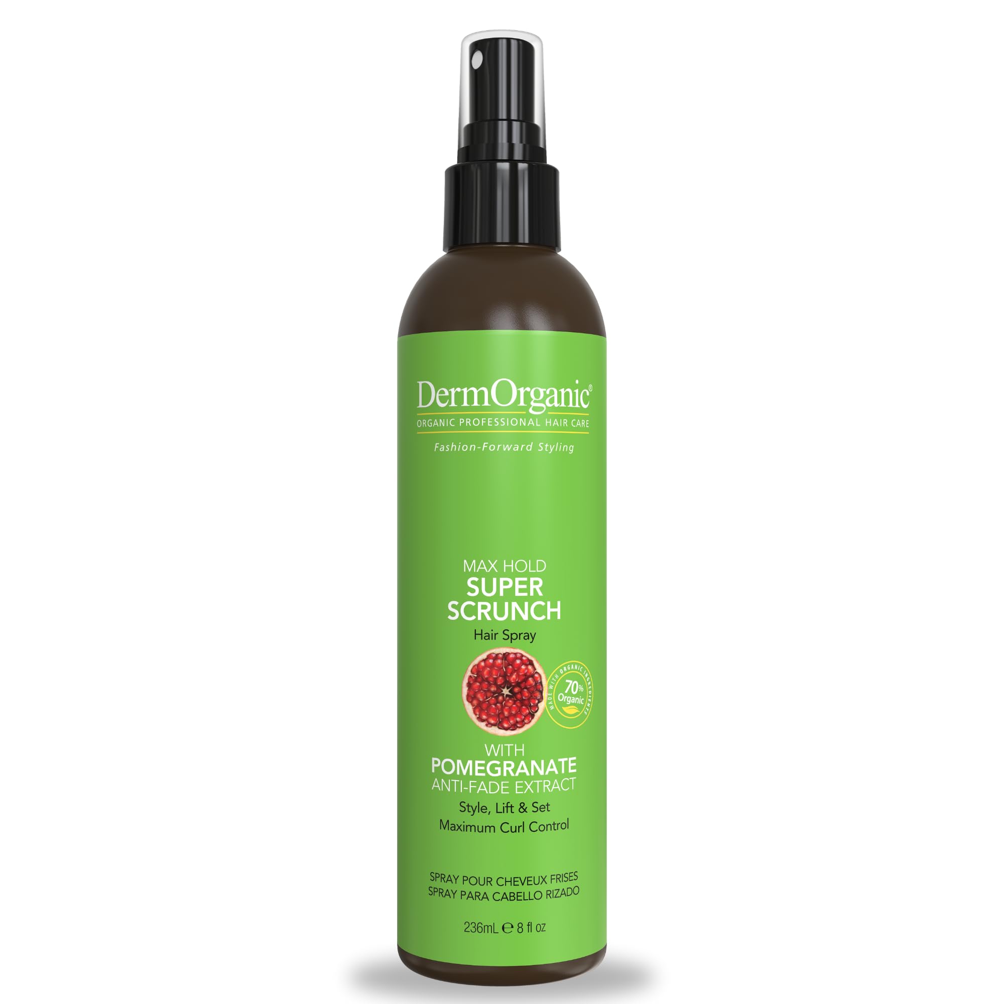 DermOrganic Super Scrunch Hairspray bottle pour demonstrates fast-drying, maximum hold for styles.