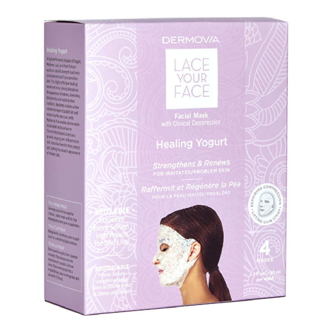 DERMOVIA Lace Your Face mask closure showing secure ear loops for a snug fit.