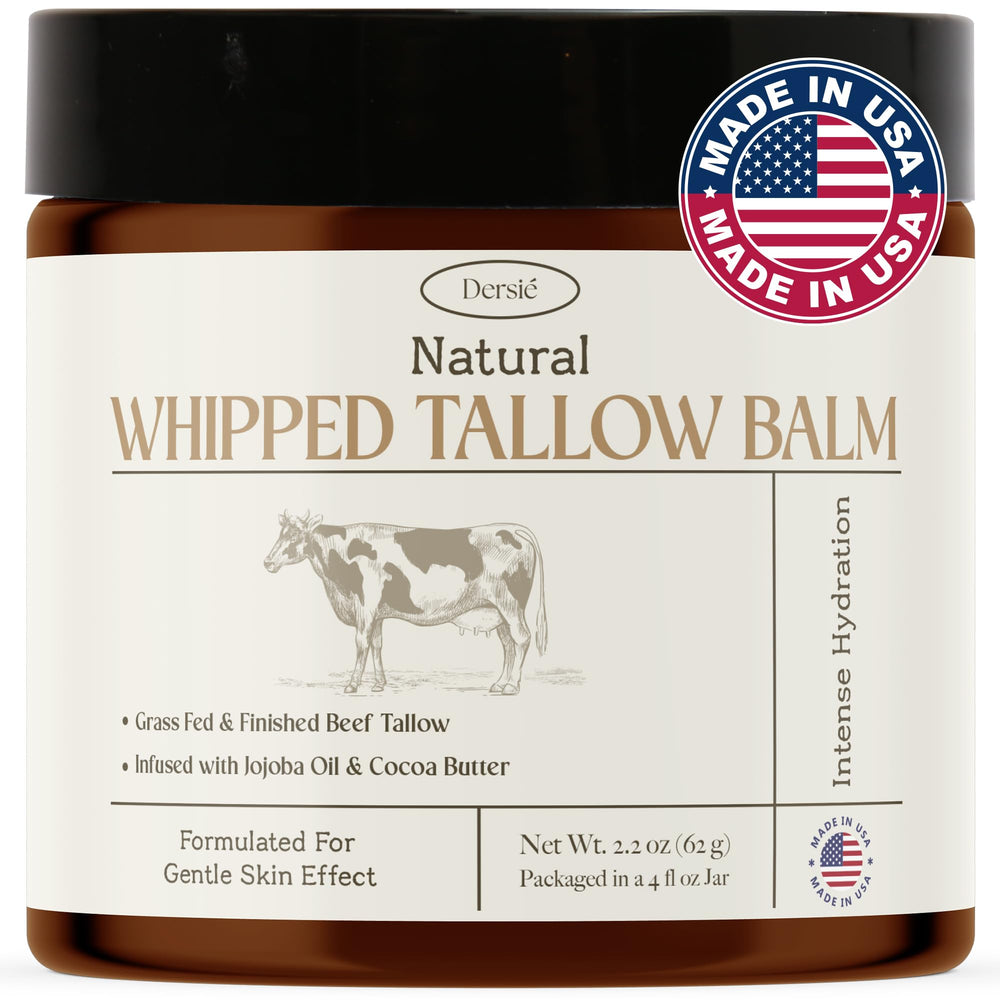 Dersie Beef Tallow Balm jar closeup showing whipped texture for deep hydration.