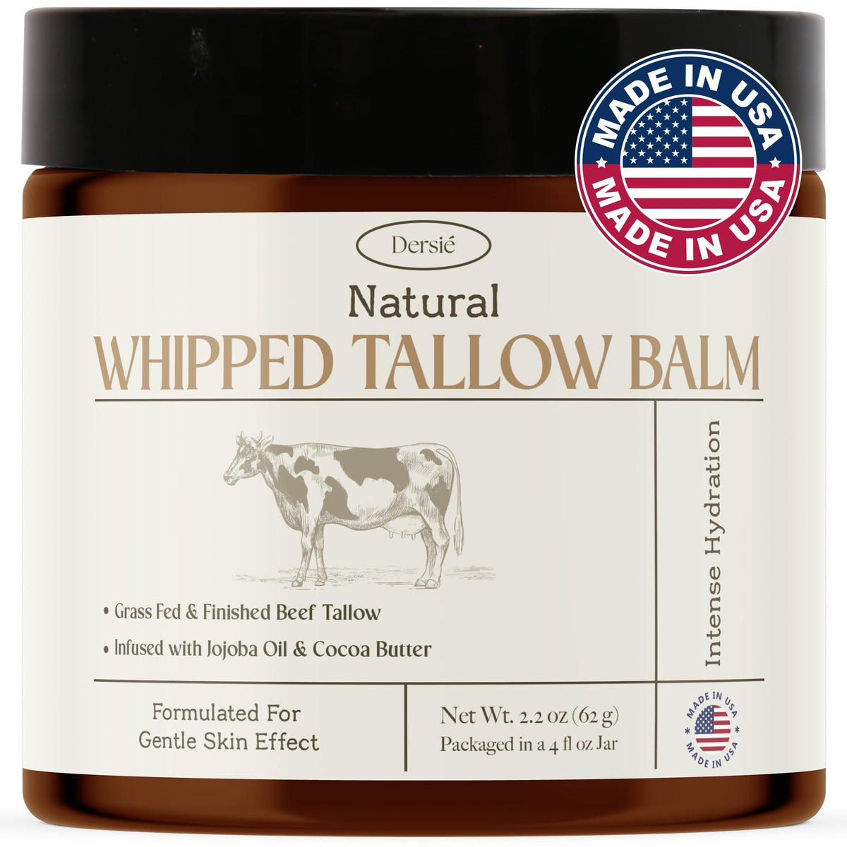 Dersie Beef Tallow Balm jar closeup showing whipped texture for deep hydration.
