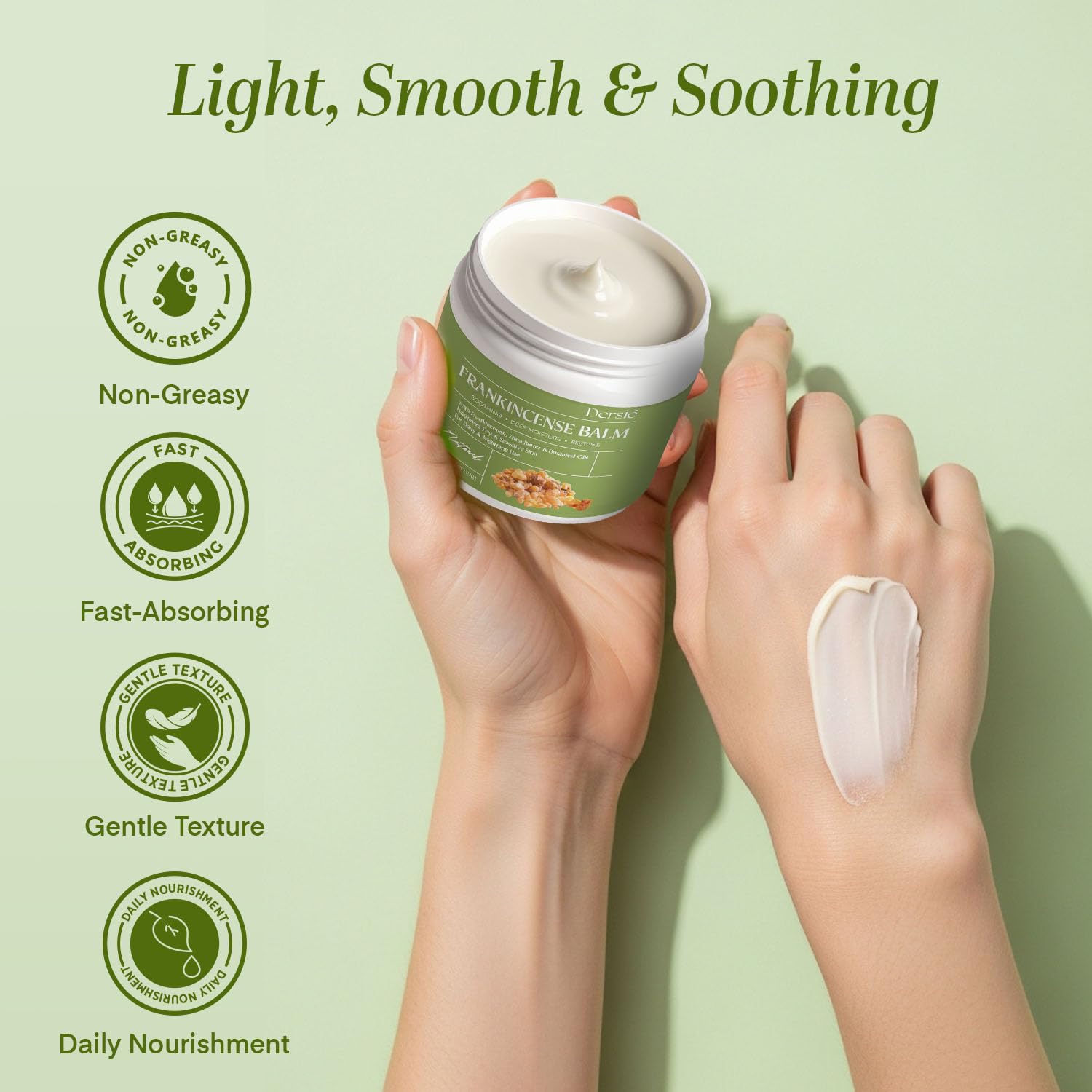 Dersie Frankincense Balm ingredients bottle features frankincense, shea butter, and coconut oil