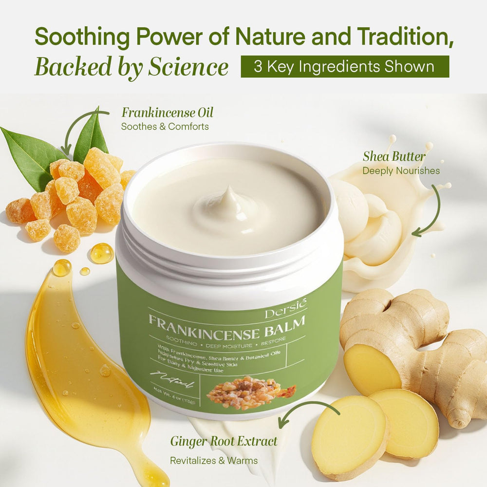 Ingredients of Dersie balm: frankincense, shea butter, coconut oil for skin nourishment