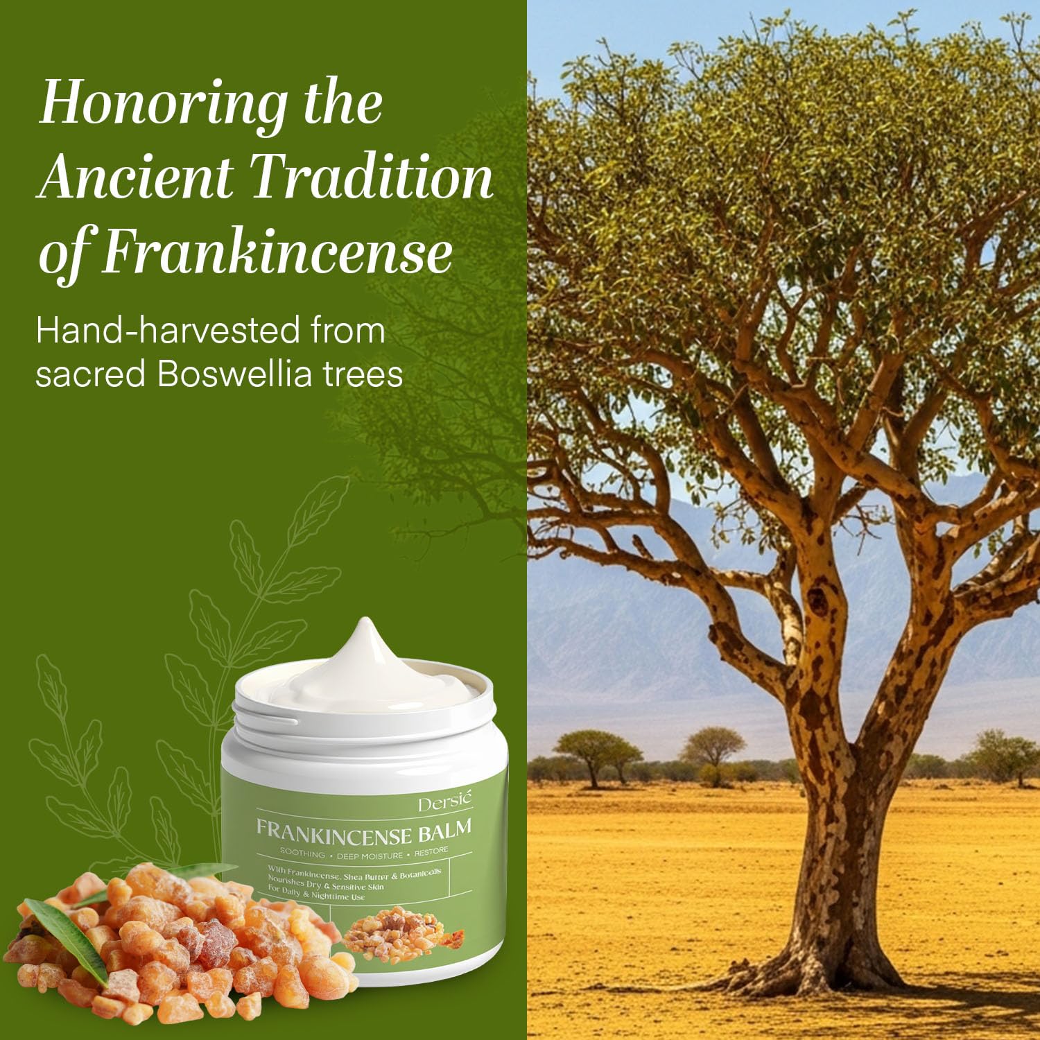 Dersie Frankincense Balm label detail emphasizes no synthetic additives