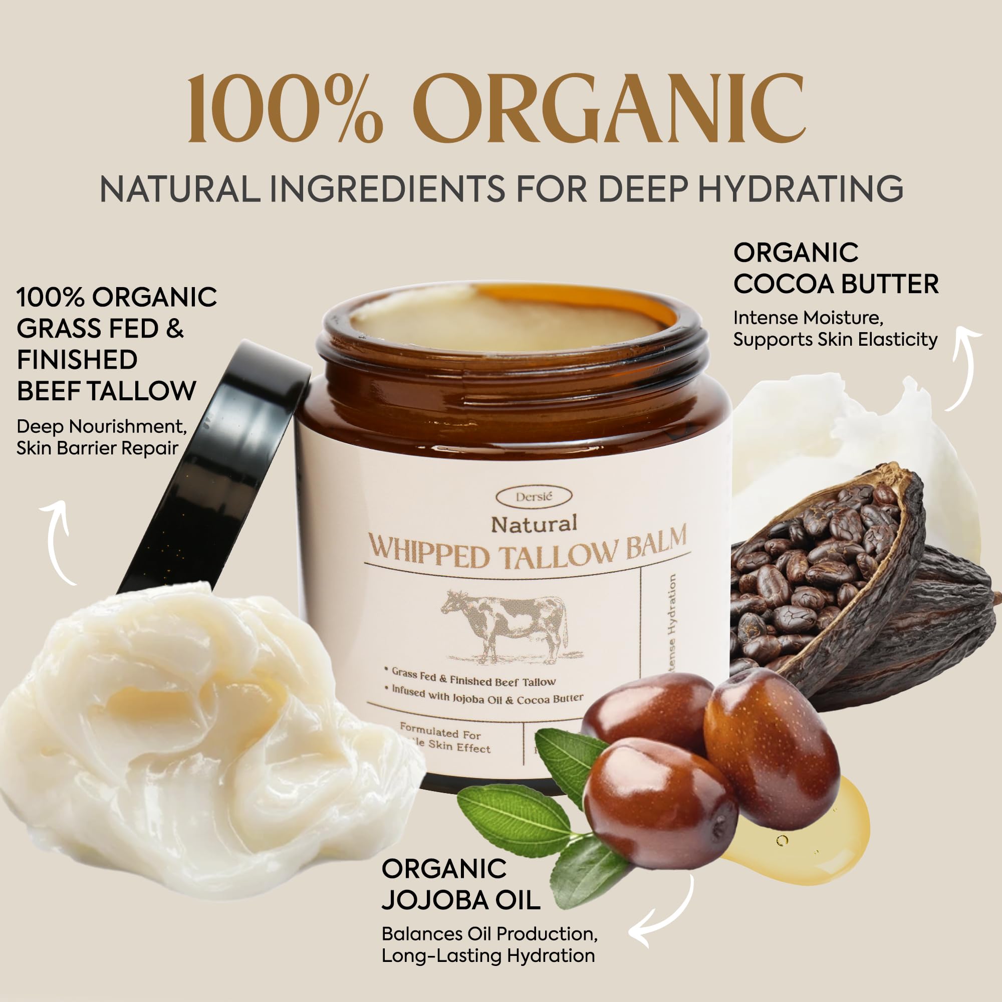Dersie whipped tallow texture demonstrates fast absorption with no greasy residue.