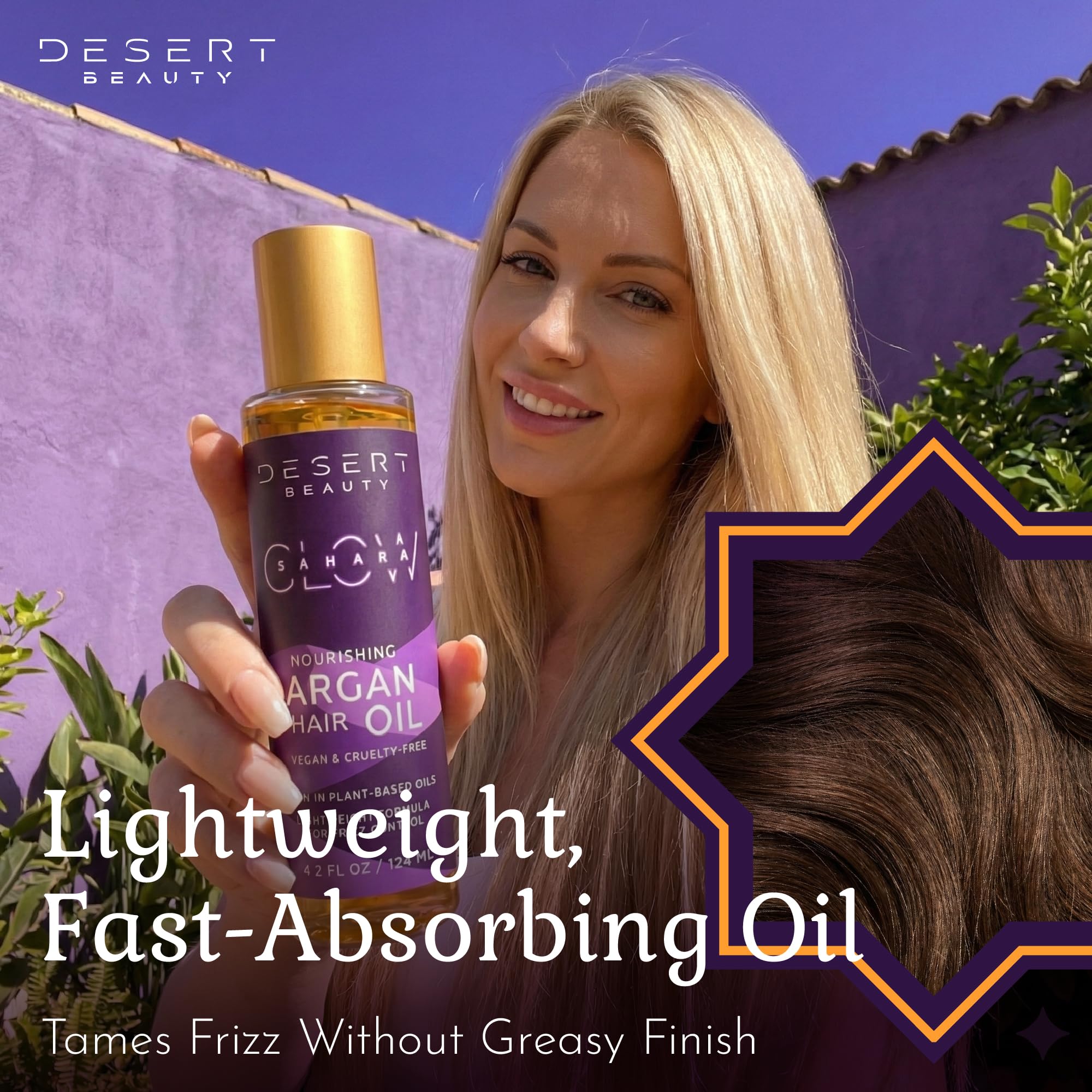 Desert Beauty Argan Oil dropper highlights quick absorption without greasy residue.