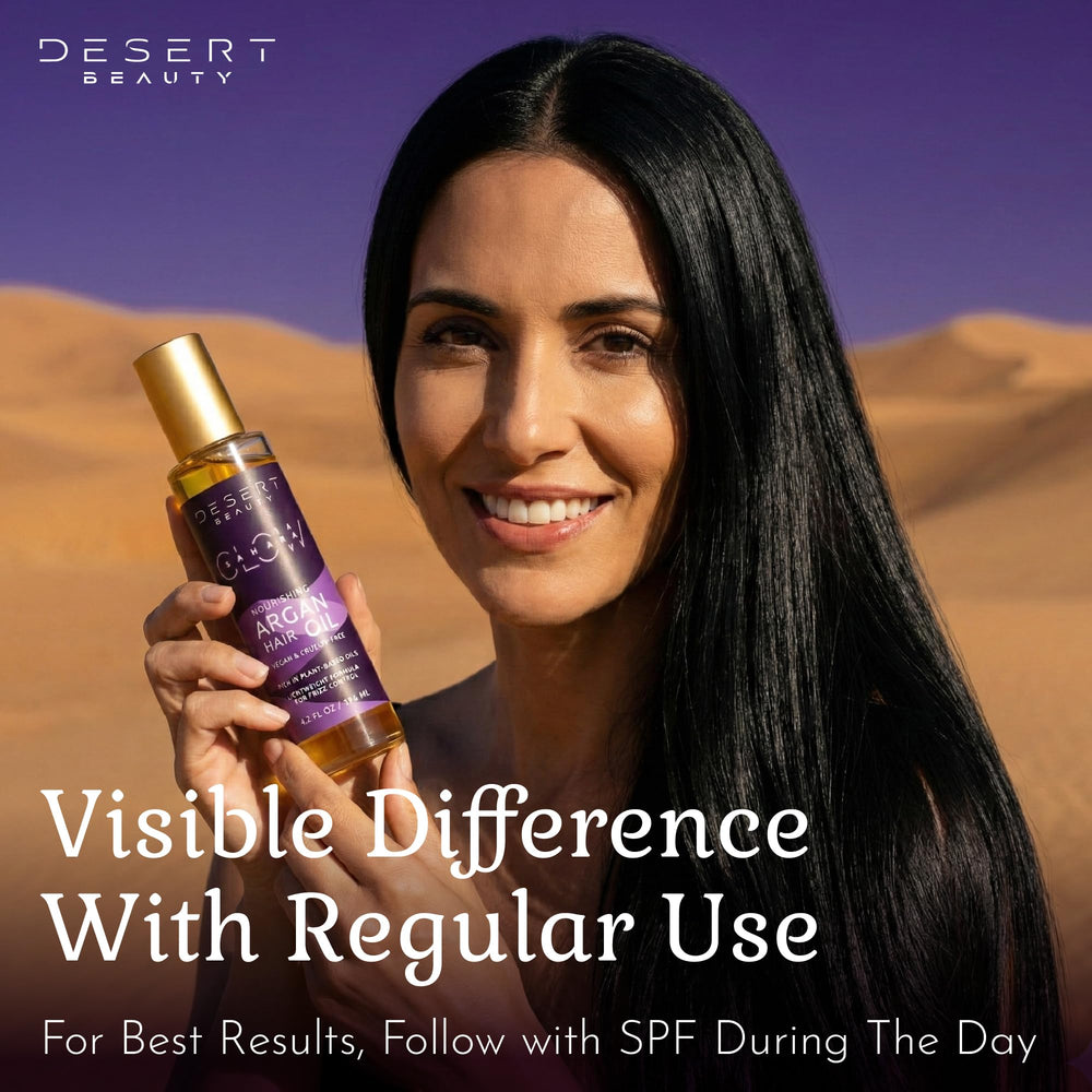 Desert Beauty Argan Oil leave-in treatment adds shine from the first use.