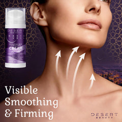 Desert Beauty decollete firming cream being applied for smoother skin.