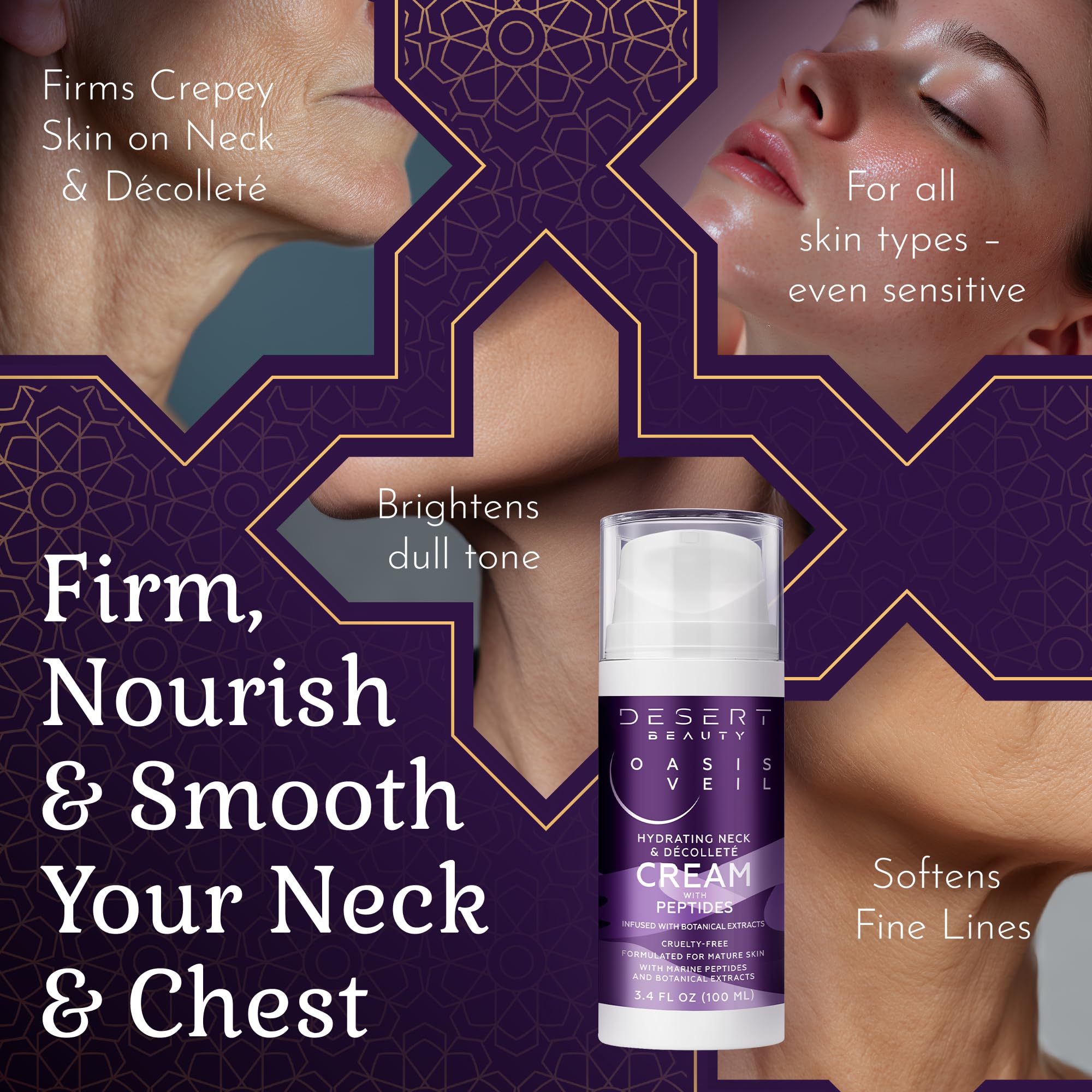Desert Beauty smoothing texture reduces lines on delicate décolleté.