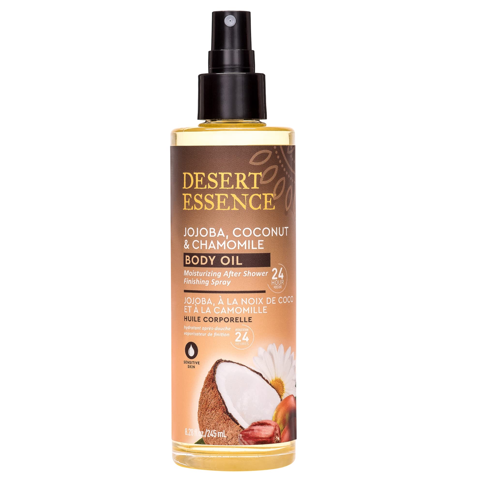 Desert Essence Body Oil Spray bottle for lightweight hydration.