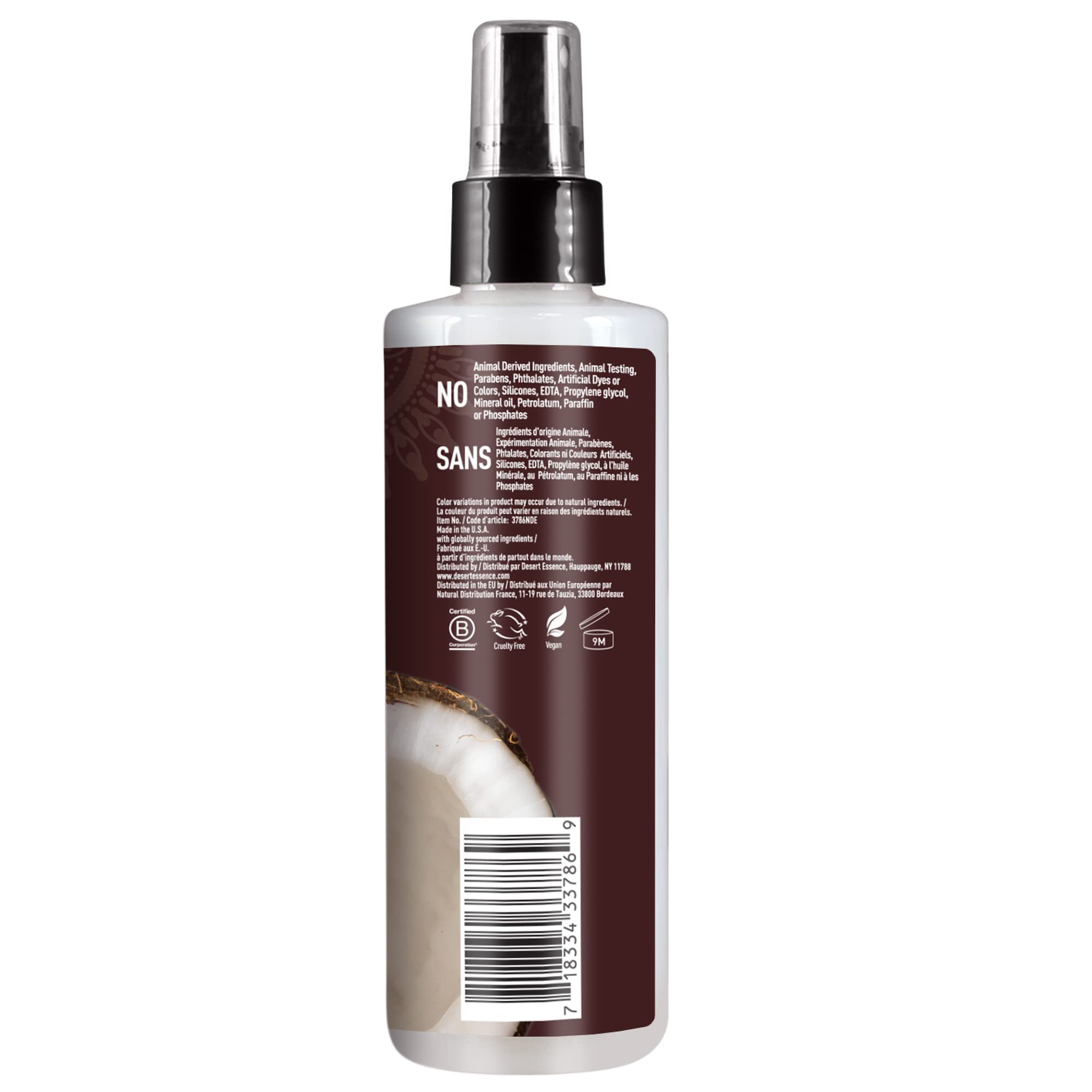 Desert Essence coconut hair defrizzer spray shown delivering frizz-free results.