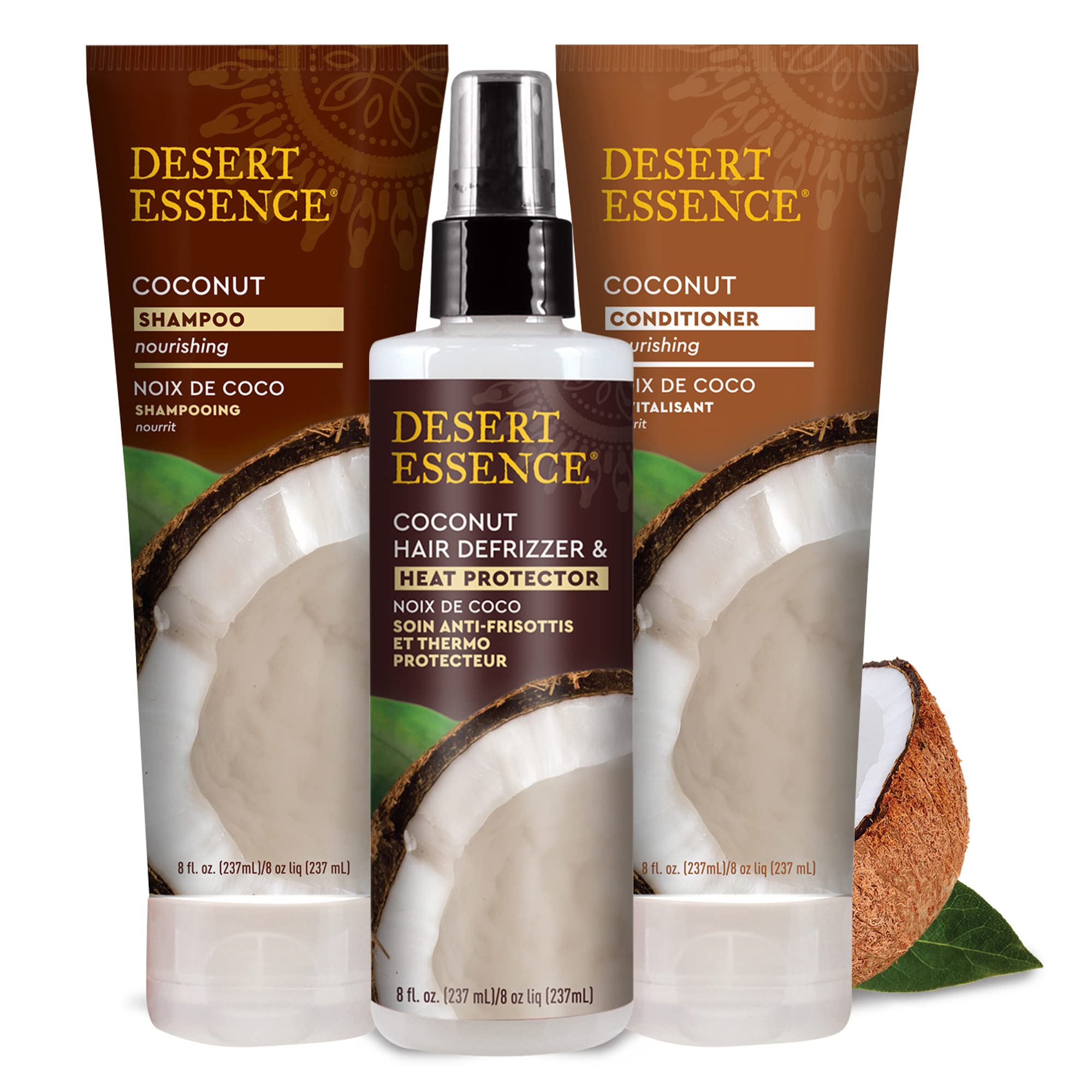 Desert Essence coconut defrizzer on styled hair with a glossy finish.