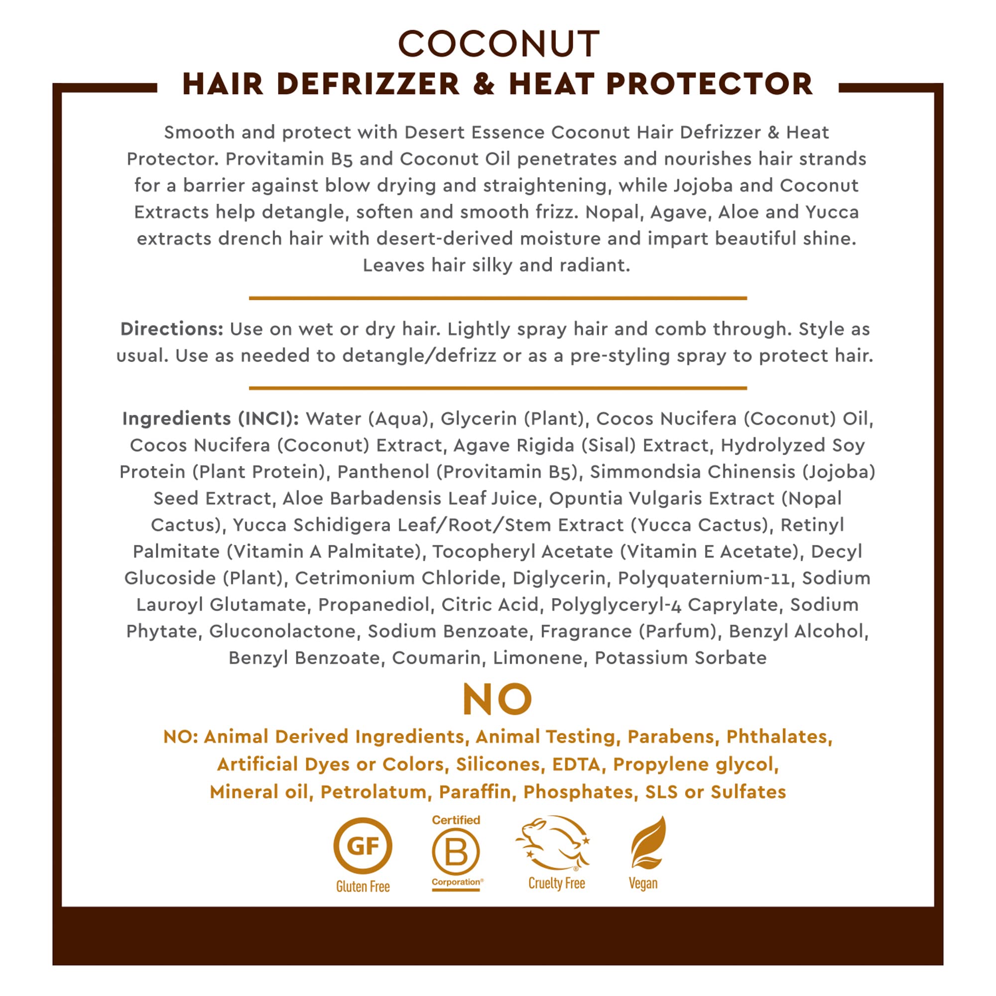 Desert Essence coconut defrizzer bottle highlighting coconut oil for hydration.