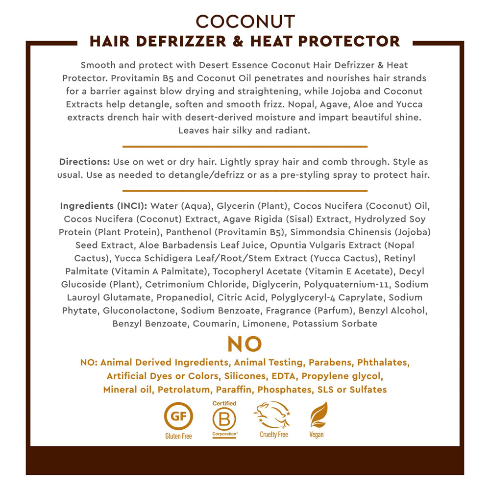 Desert Essence coconut defrizzer bottle highlighting coconut oil for hydration.