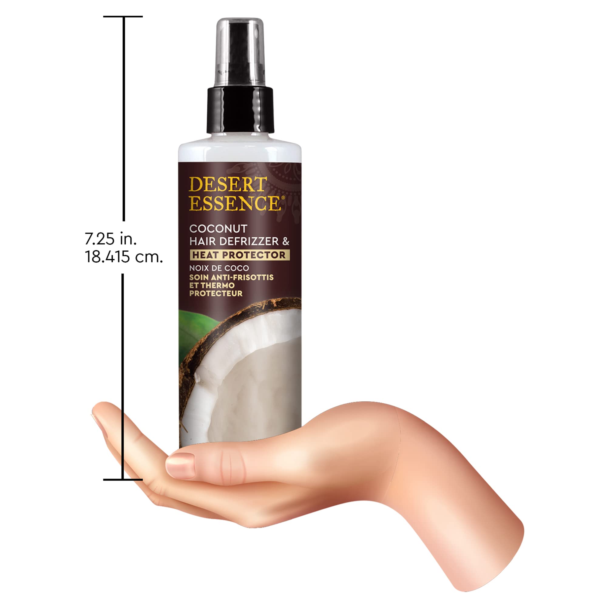 Desert Essence coconut defrizzer bottle in a bathroom scene ready for heat protection.
