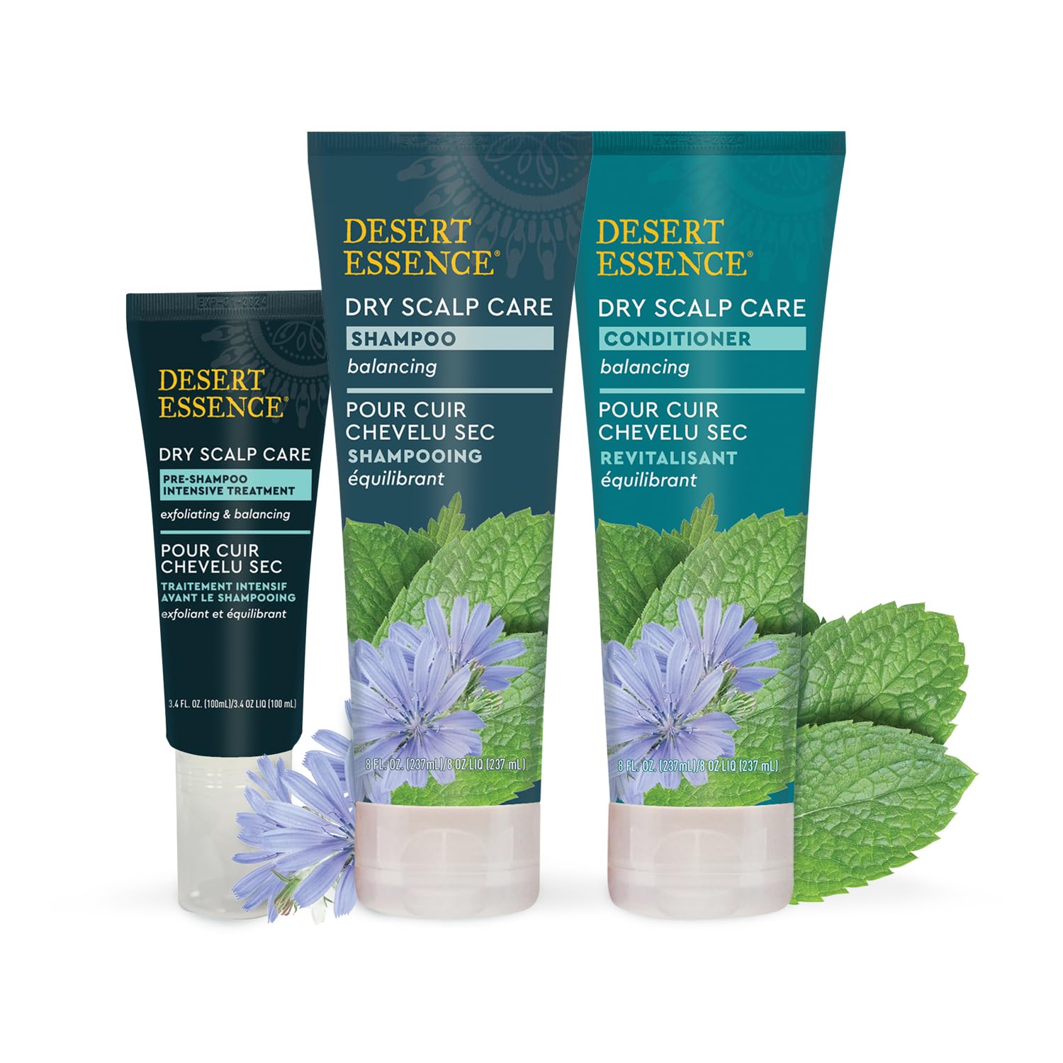 Desert Essence Dry Scalp Shampoo bottle with rich lather for gentle cleansing.