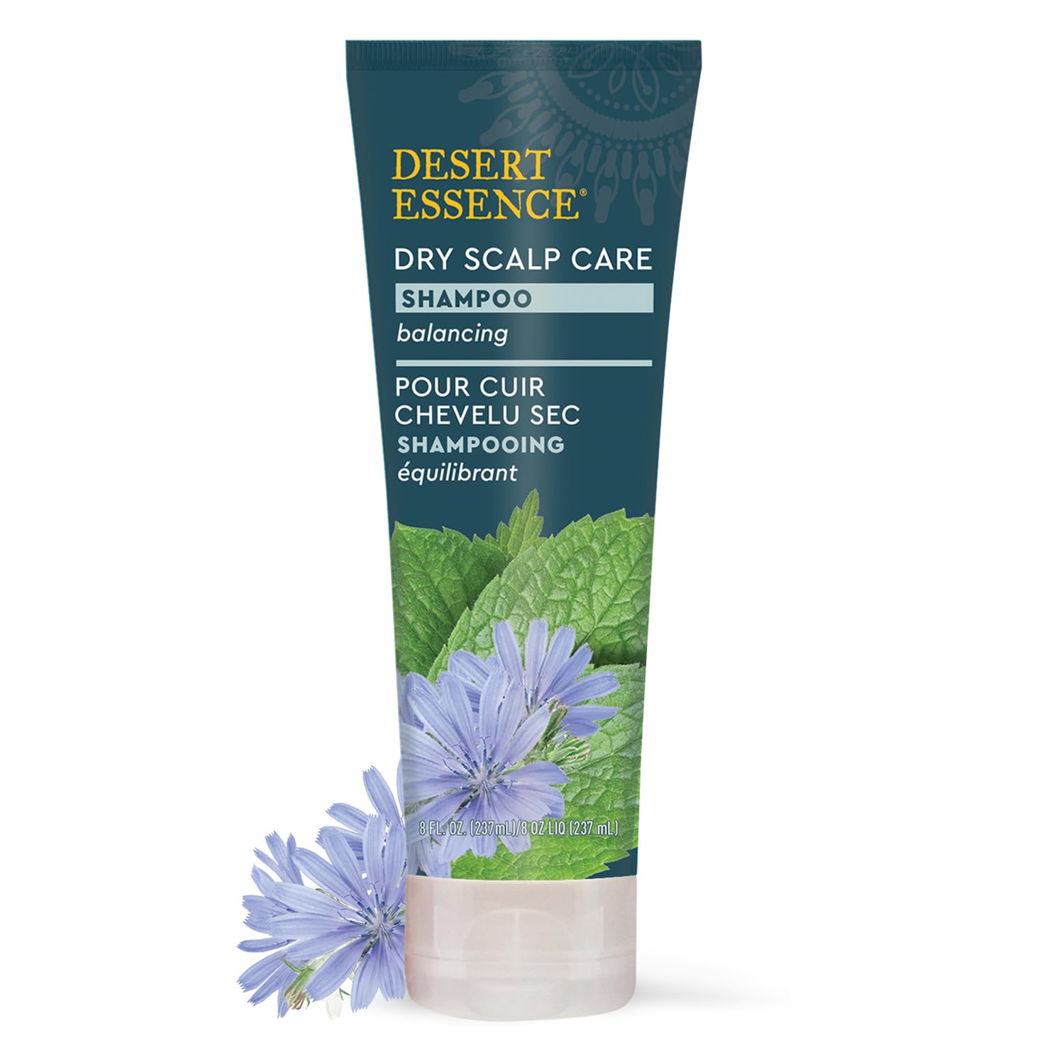 Desert Essence Dry Scalp Shampoo ingredients: inulin, tea tree oil, and manuka oils for scalp balance.
