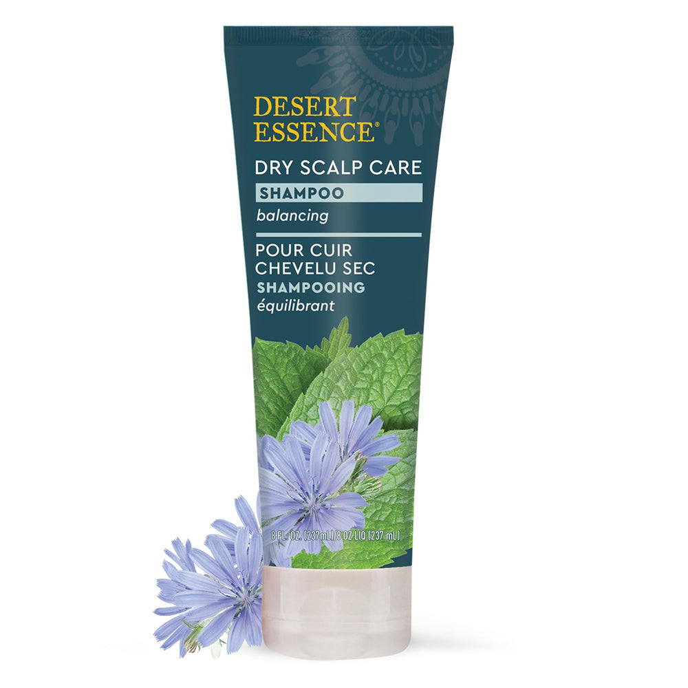 Desert Essence Dry Scalp Shampoo ingredients: inulin, tea tree oil, and manuka oils for scalp balance.