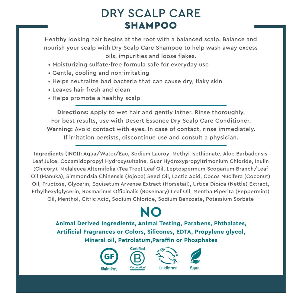 Desert Essence Dry Scalp Shampoo with tea tree oil cools and refreshes the scalp.