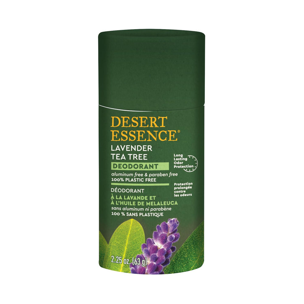 Desert Essence eco-packaging shows plastic-free, compostable design for sustainability.