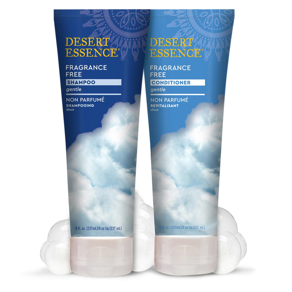 Desert Essence fragrance-free packaging supports clean, sustainable hair routines.
