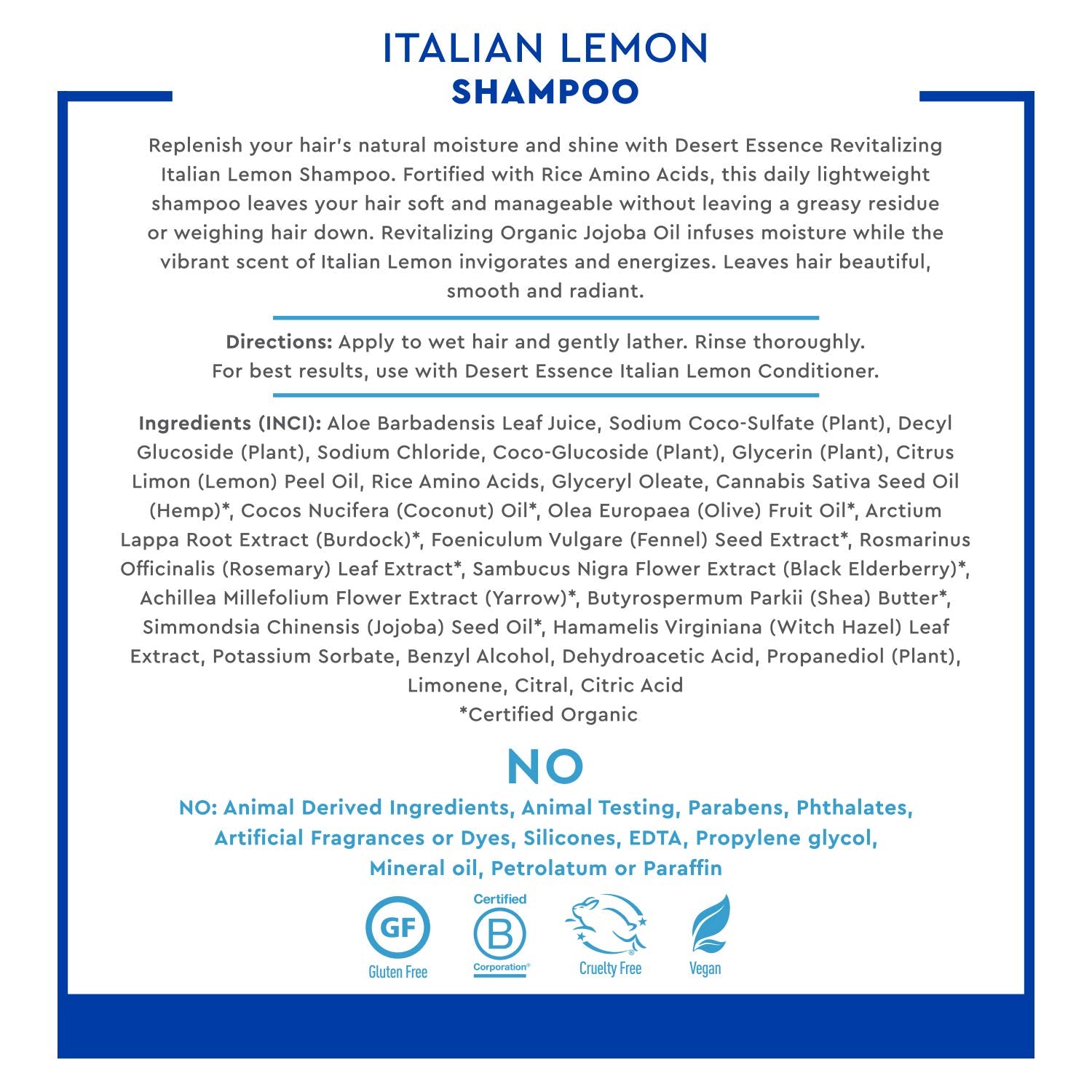Desert Essence Italian Lemon Clarifying Shampoo packaging label emphasizes vegan, gluten-free formula