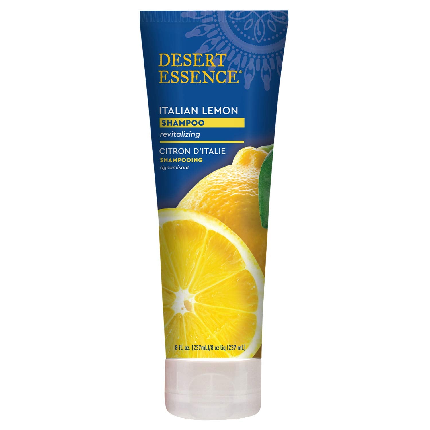 Desert Essence Italian Lemon Clarifying Shampoo pump showing easy lather and fresh scent