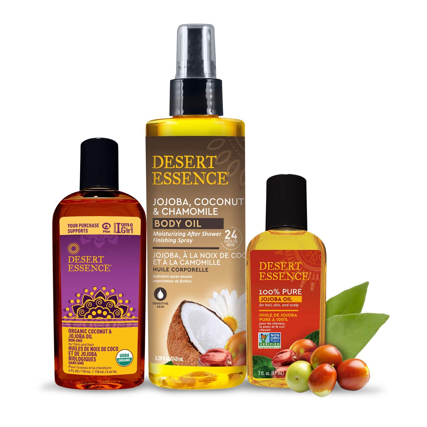 Desert Essence jojoba oil skincare shot conveys all-skin-types suitability.