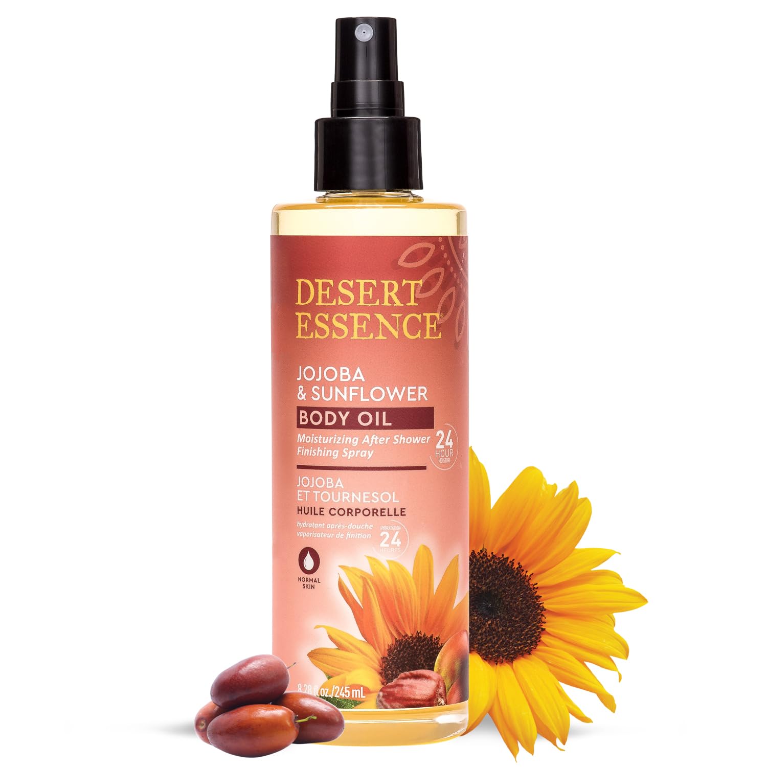 Desert Essence Jojoba & Sunflower Body Oil Spray bottle showing quick absorption and hydration