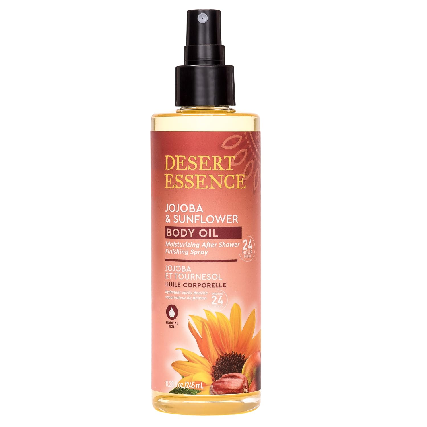 Desert Essence spray bottle dispensing nourishment onto skin