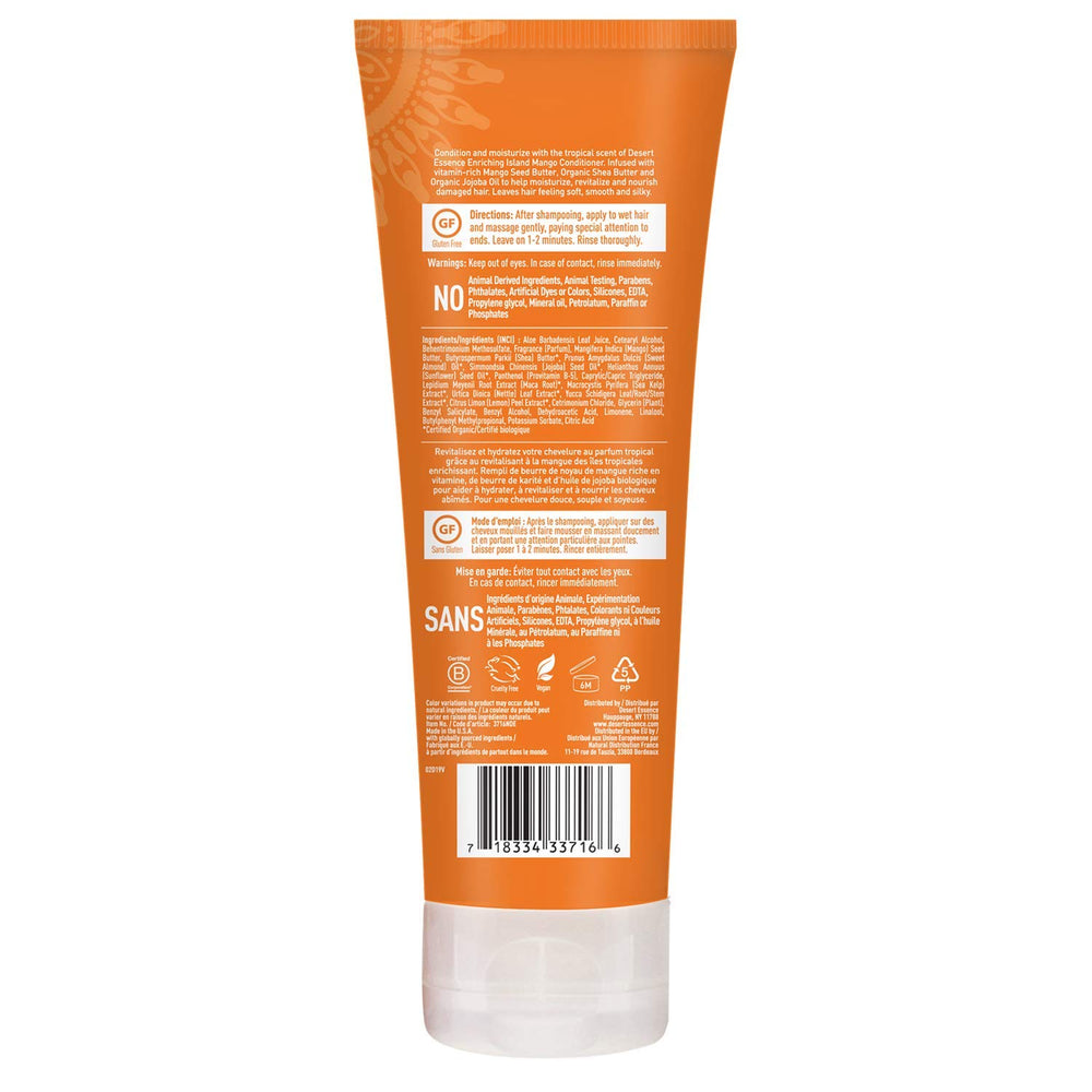 Desert Essence Mango Island jojoba oil ingredient bottle emphasizes natural shine support.