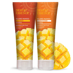 Desert Essence Mango Island Shampoo bottle promotes hydration for smooth, manageable hair.