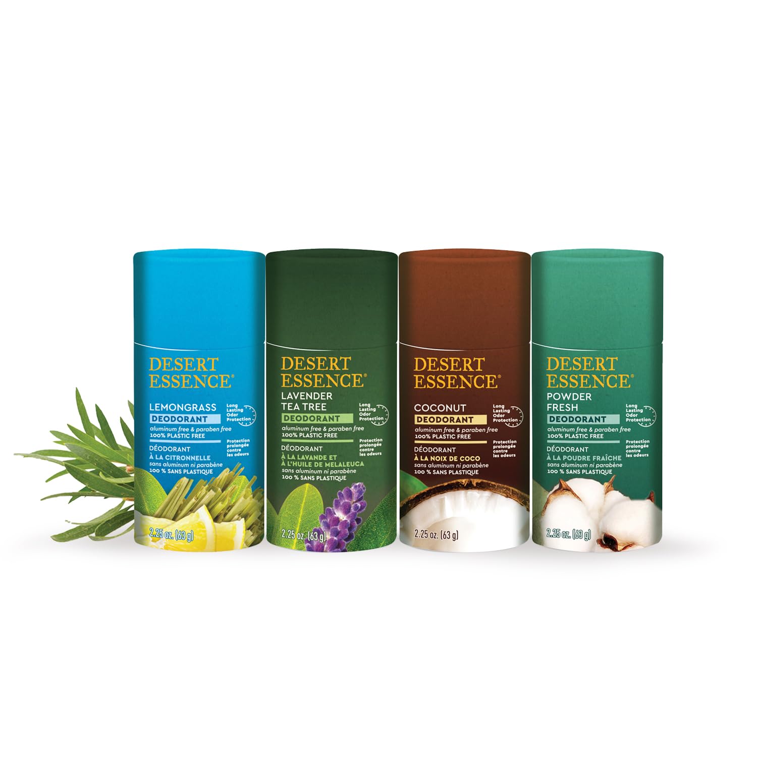 Eco-friendly compostable packaging emphasizes Desert Essence commitment to sustainability.