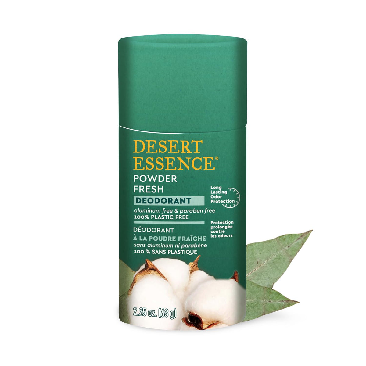 Desert Essence packaging showcases a 100% plastic-free design for eco-friendly care.