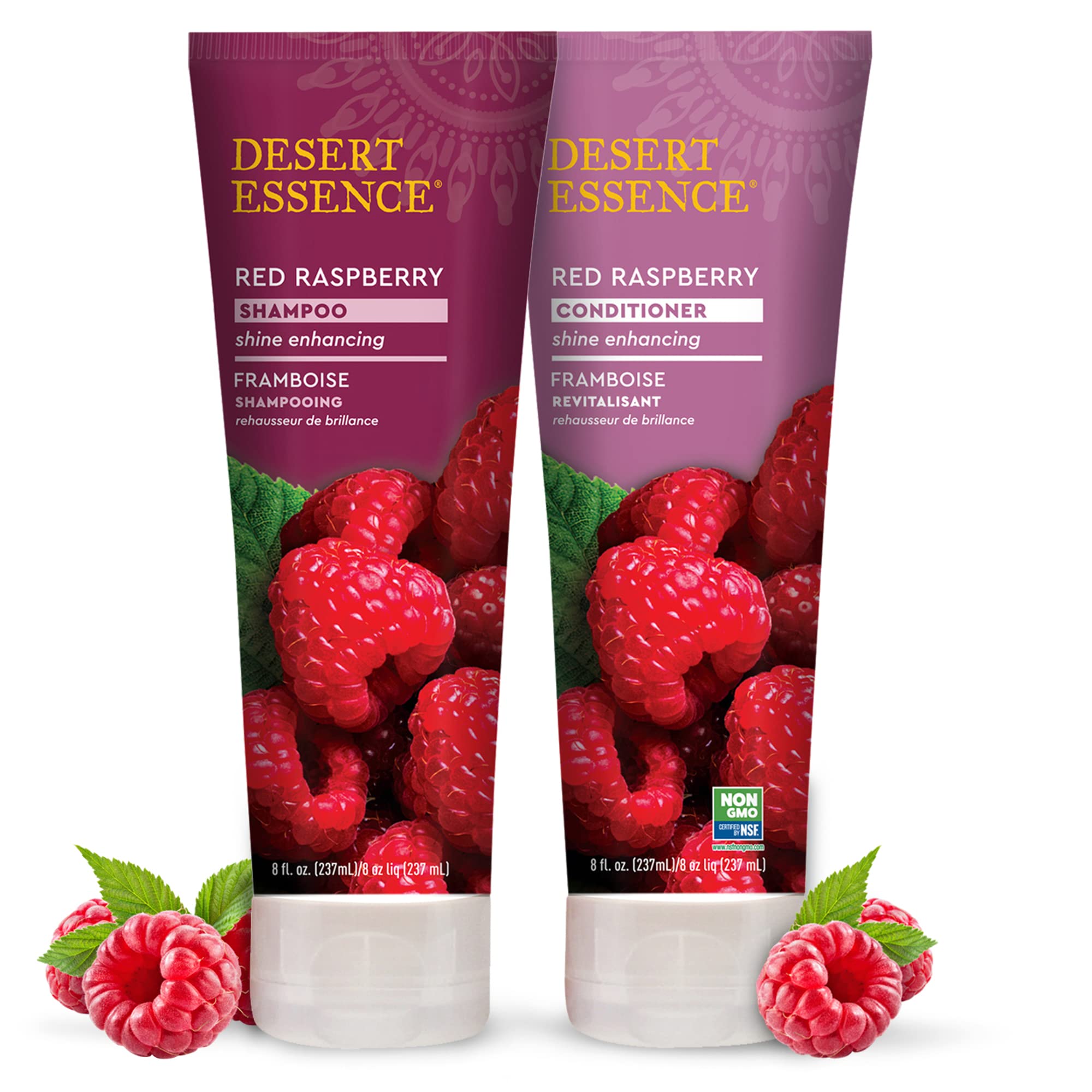 Desert Essence Red Raspberry conditioner on shelf packaging.