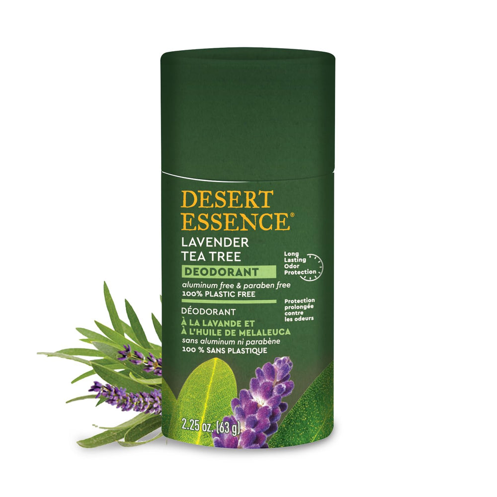 Desert Essence Tea Tree Deodorant Lavender Stick with long-lasting odor protection.